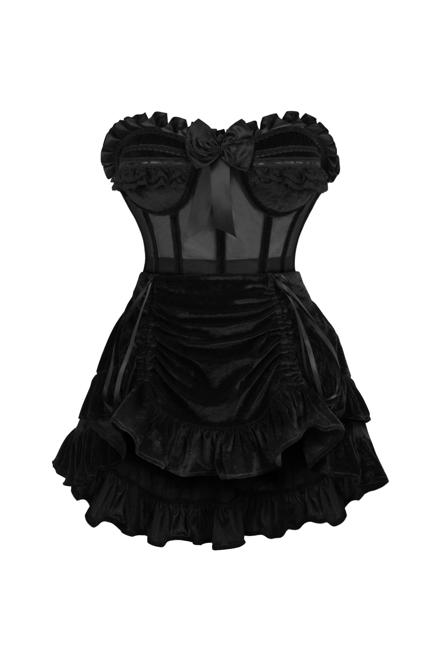 Daisy Corsets Top Drawer 2 PC Steel Boned Black Mesh & Velvet Underwire Bustier Corset & Skirt Set