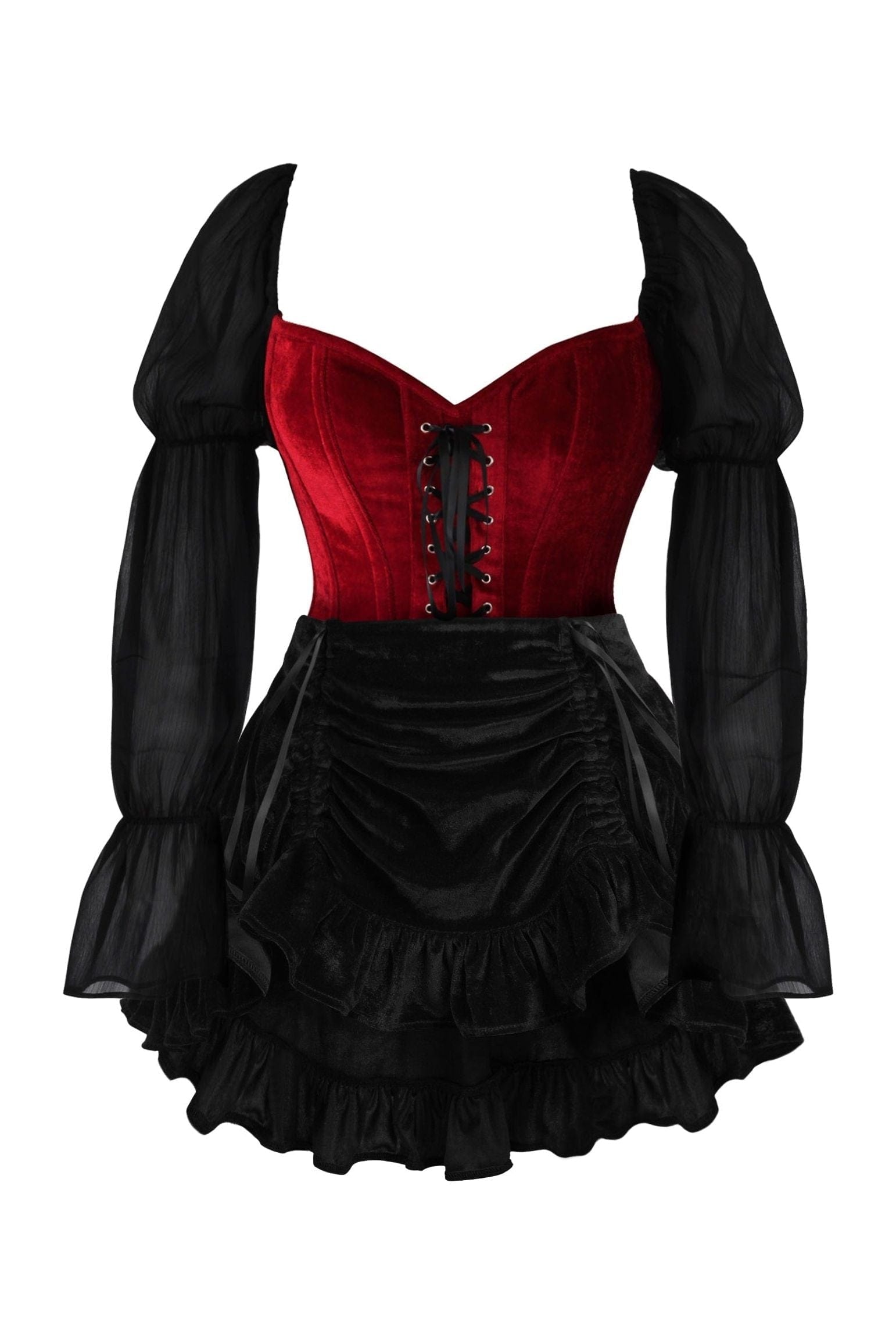 Daisy Corsets Top Drawer 2 PC Dark Red Velvet Steel Boned Corset w/Sleeves & Skirt Set