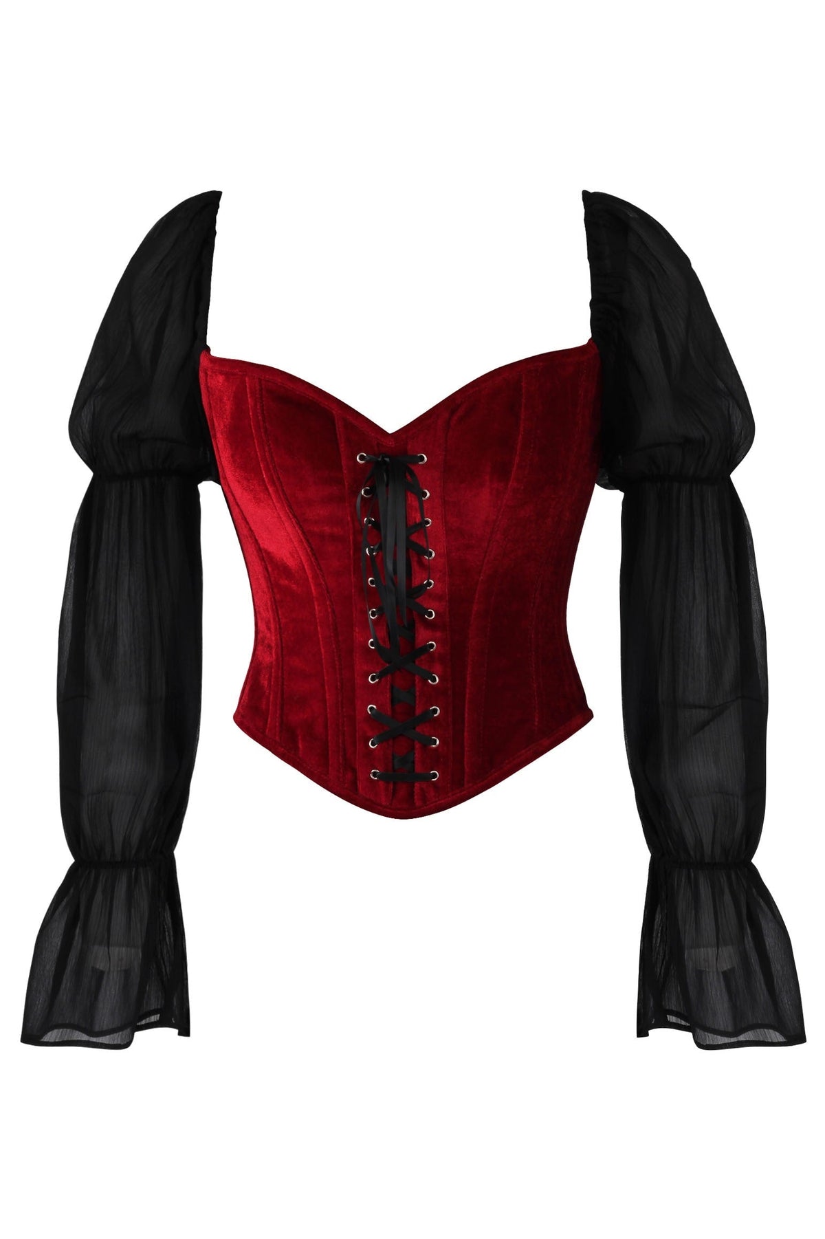 Daisy Corsets Top Drawer Dark Red Velvet Steel Boned Corset w/Sleeves