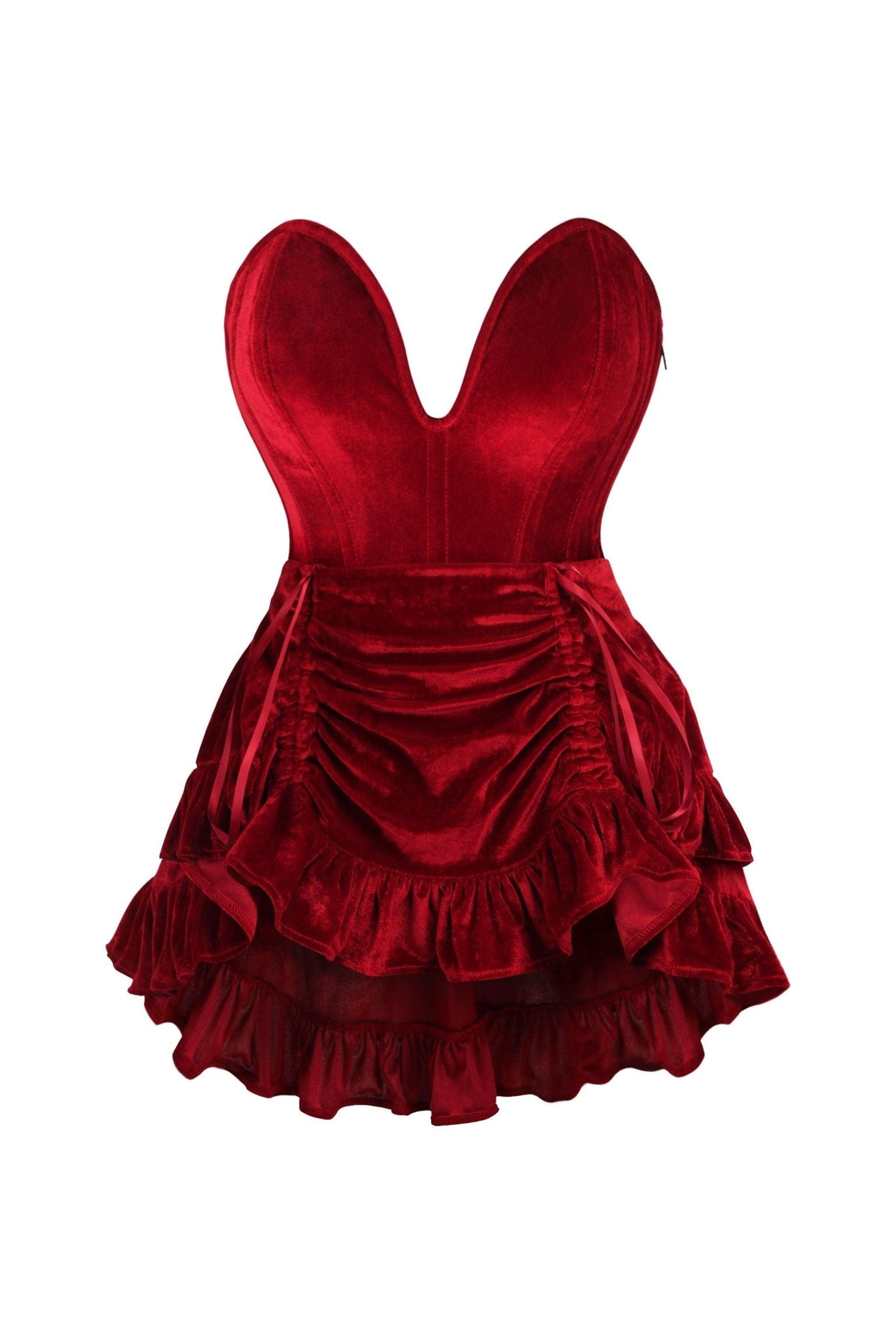 Daisy Corsets Top Drawer 2 PC Steel Boned Dark Red Velvet Plunge Corset & Skirt Set