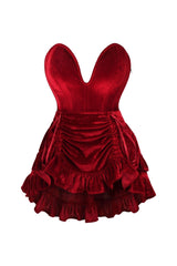 Daisy Corsets Top Drawer 2 PC Steel Boned Dark Red Velvet Plunge Corset & Skirt Set