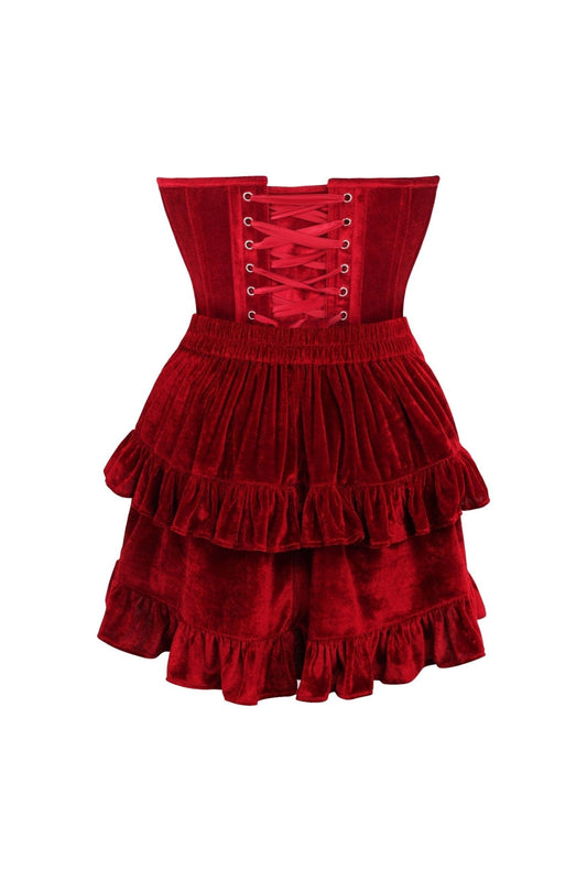 Daisy Corsets Top Drawer 2 PC Steel Boned Dark Red Velvet Plunge Corset & Skirt Set