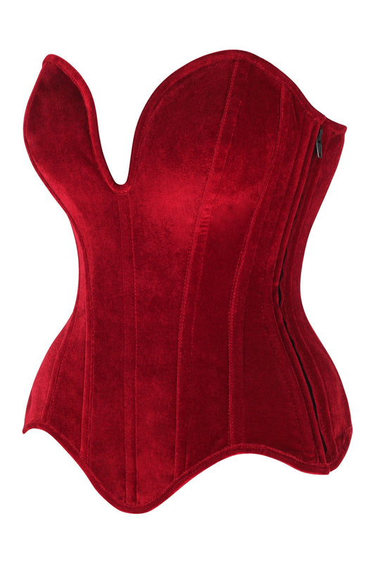 Daisy Corsets Top Drawer Steel Boned Dark Red Velvet Plunge Neckline Overbust Corset