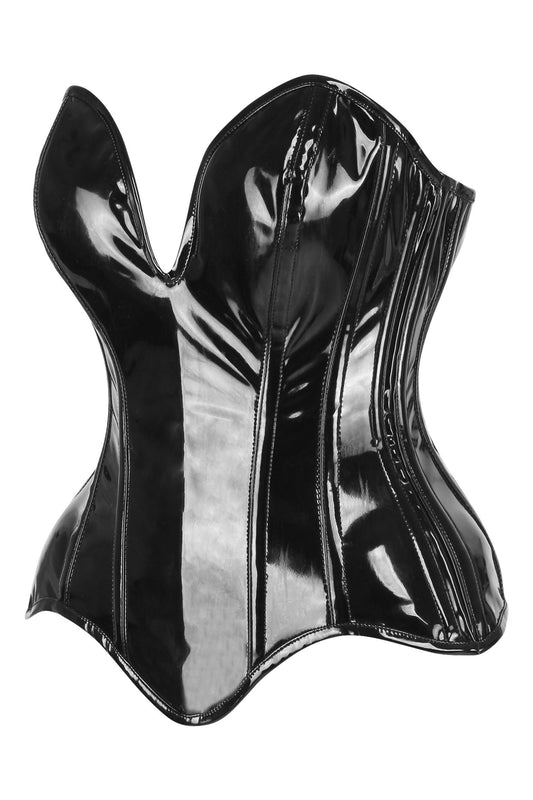 Daisy Corsets Top Drawer Steel Boned Black Patent Plunge Neckline Overbust Corset - Daisy Corsets