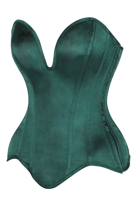 Daisy Corsets Top Drawer Steel Boned Dark Green Satin Plunge Neckline Overbust Corset