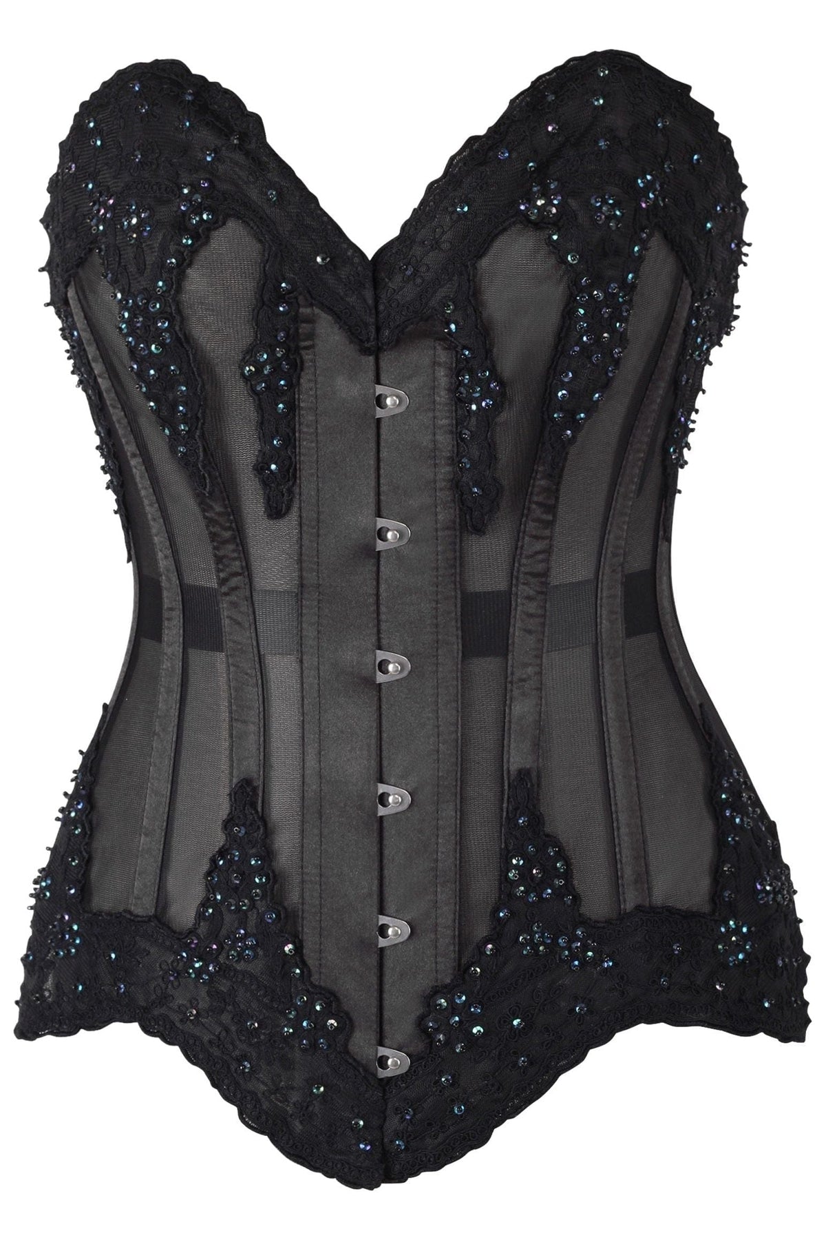 Daisy Corsets Top Drawer Sheer Black Mesh & Beaded Steel Boned Overbust Corset