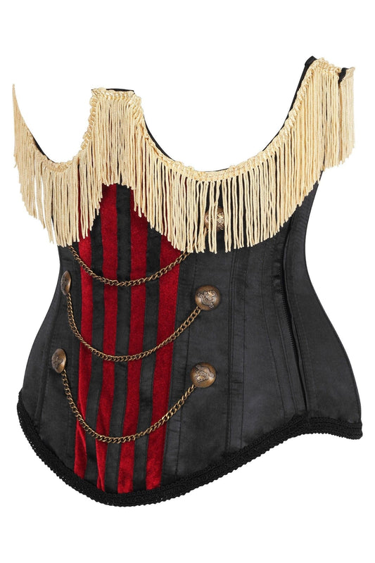 Daisy Corsets Top Drawer Burlesque Underbust Black/Dark Red Steel Boned Corset w/Gold Fringe