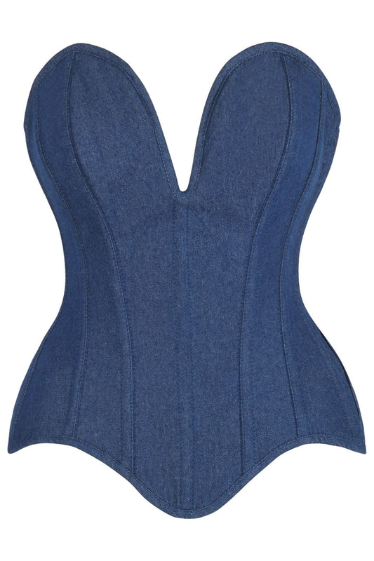 Daisy Corsets Top Drawer Steel Boned Dark Blue Denim Plunge Neckline Overbust Corset