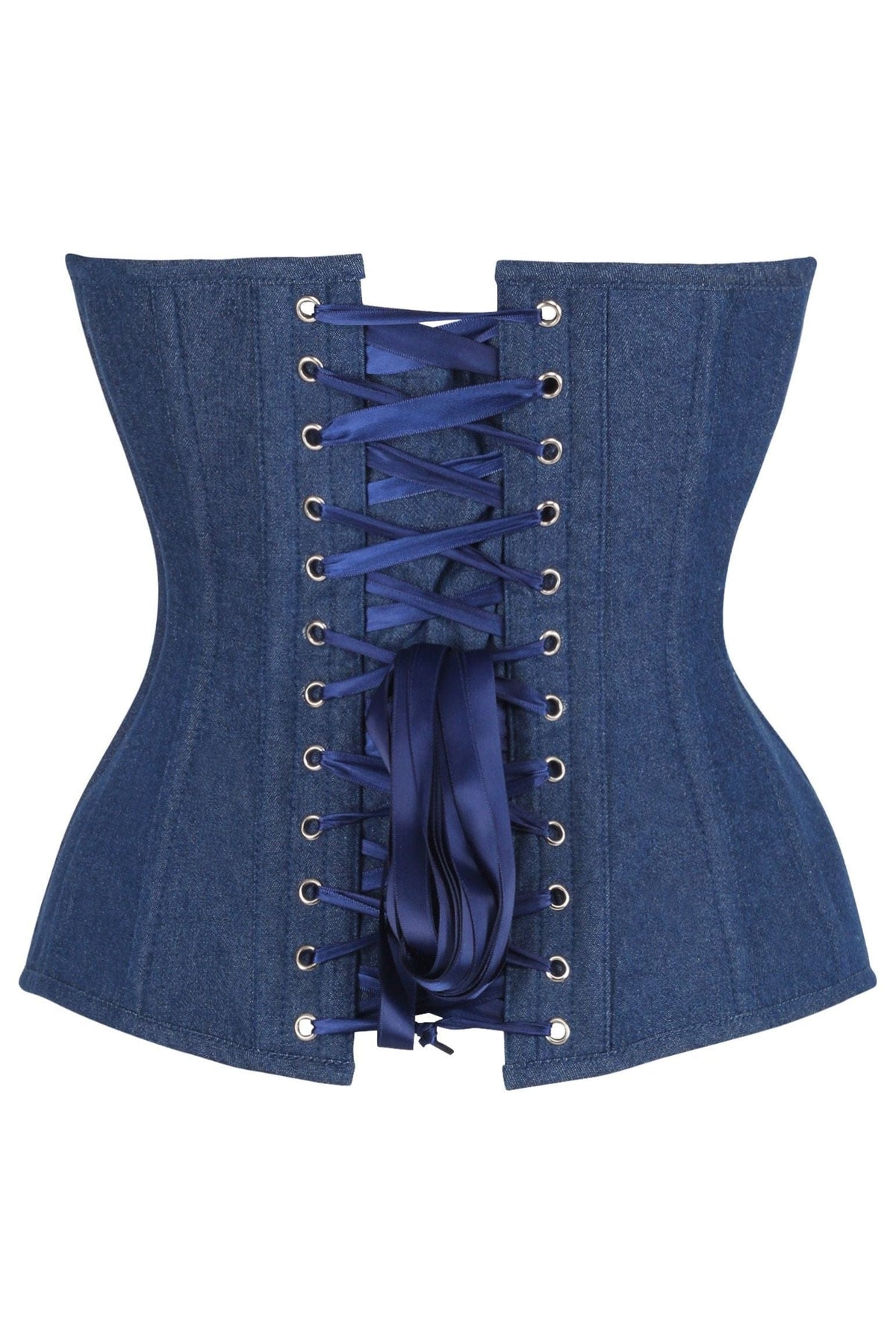 Daisy Corsets Top Drawer Steel Boned Dark Blue Denim Plunge Neckline Overbust Corset