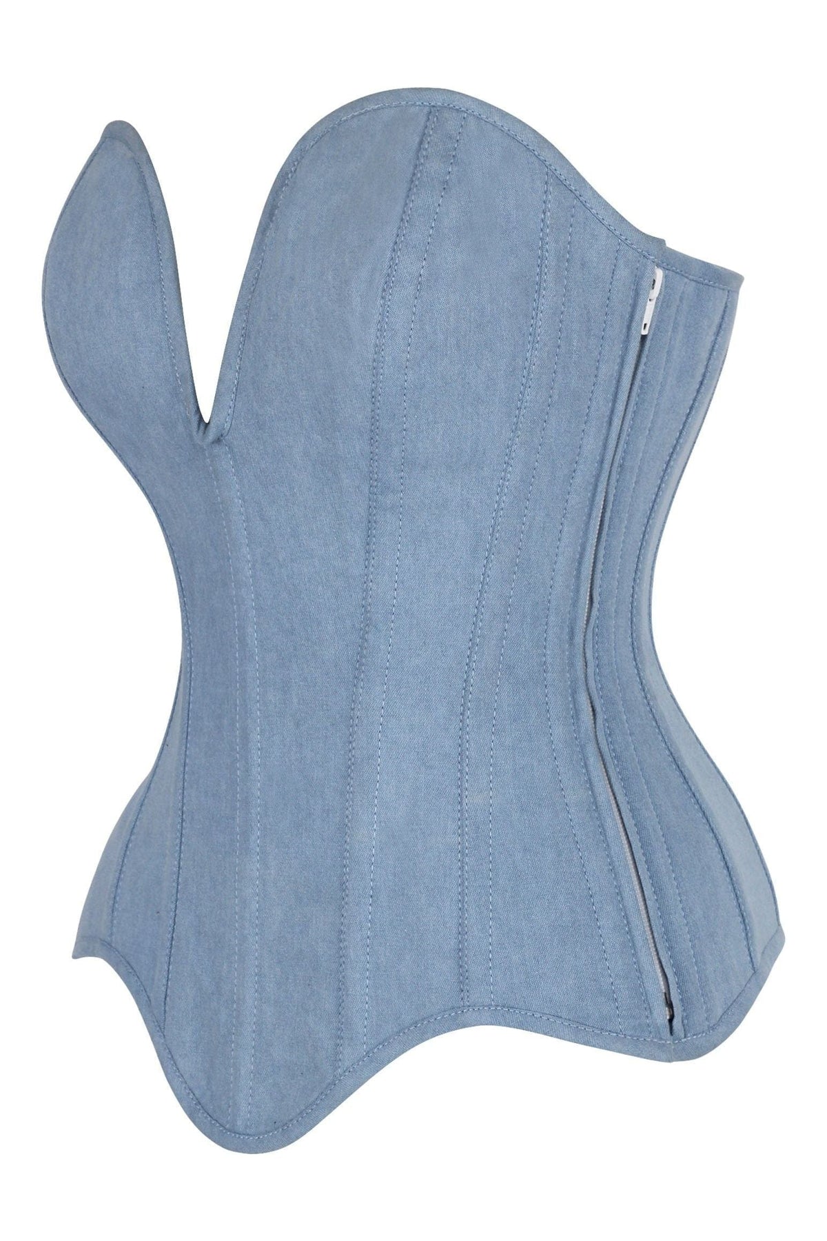 Daisy Corsets Top Drawer Steel Boned Light Blue Denim Plunge Neckline Overbust Corset