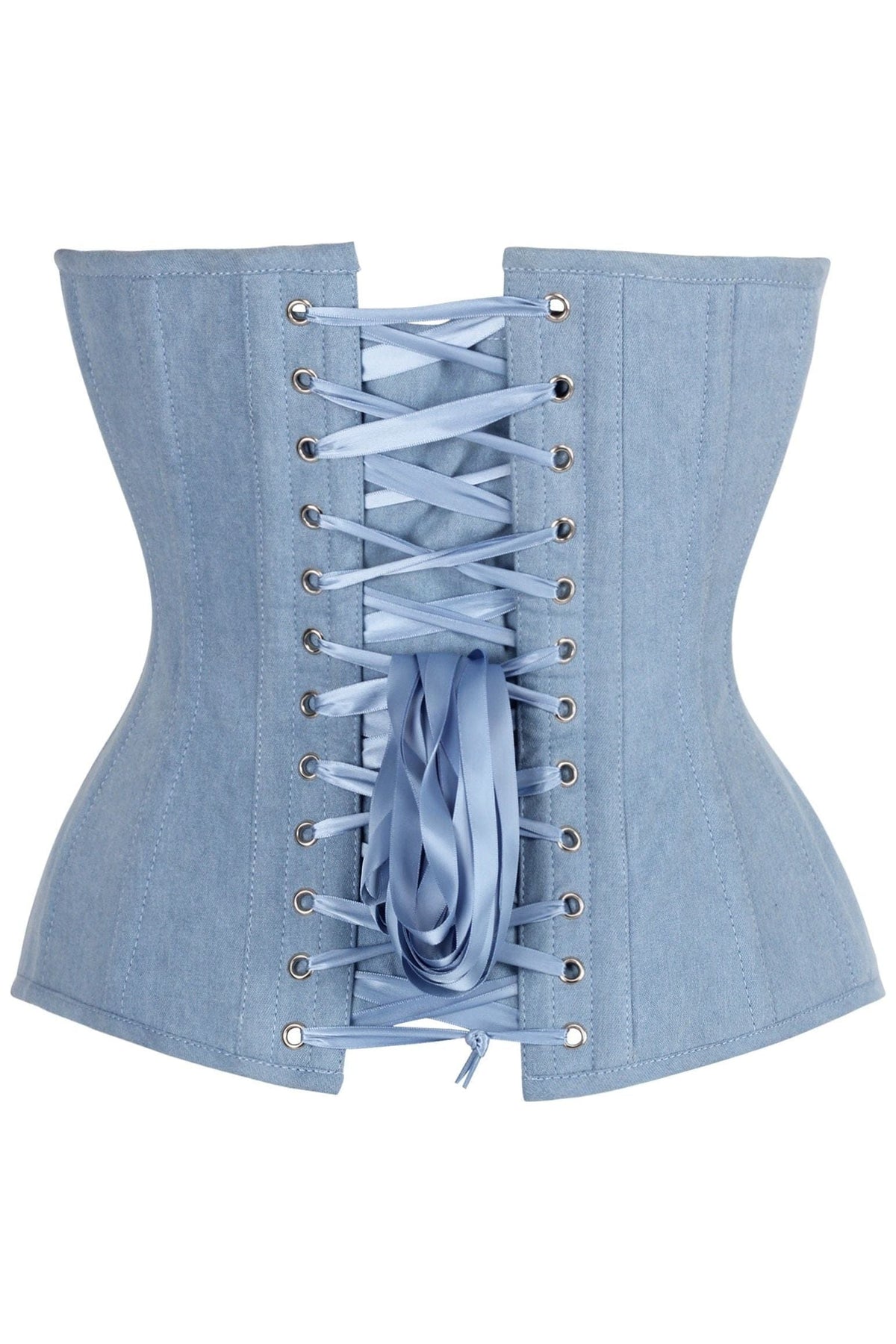 Daisy Corsets Top Drawer Steel Boned Light Blue Denim Plunge Neckline Overbust Corset