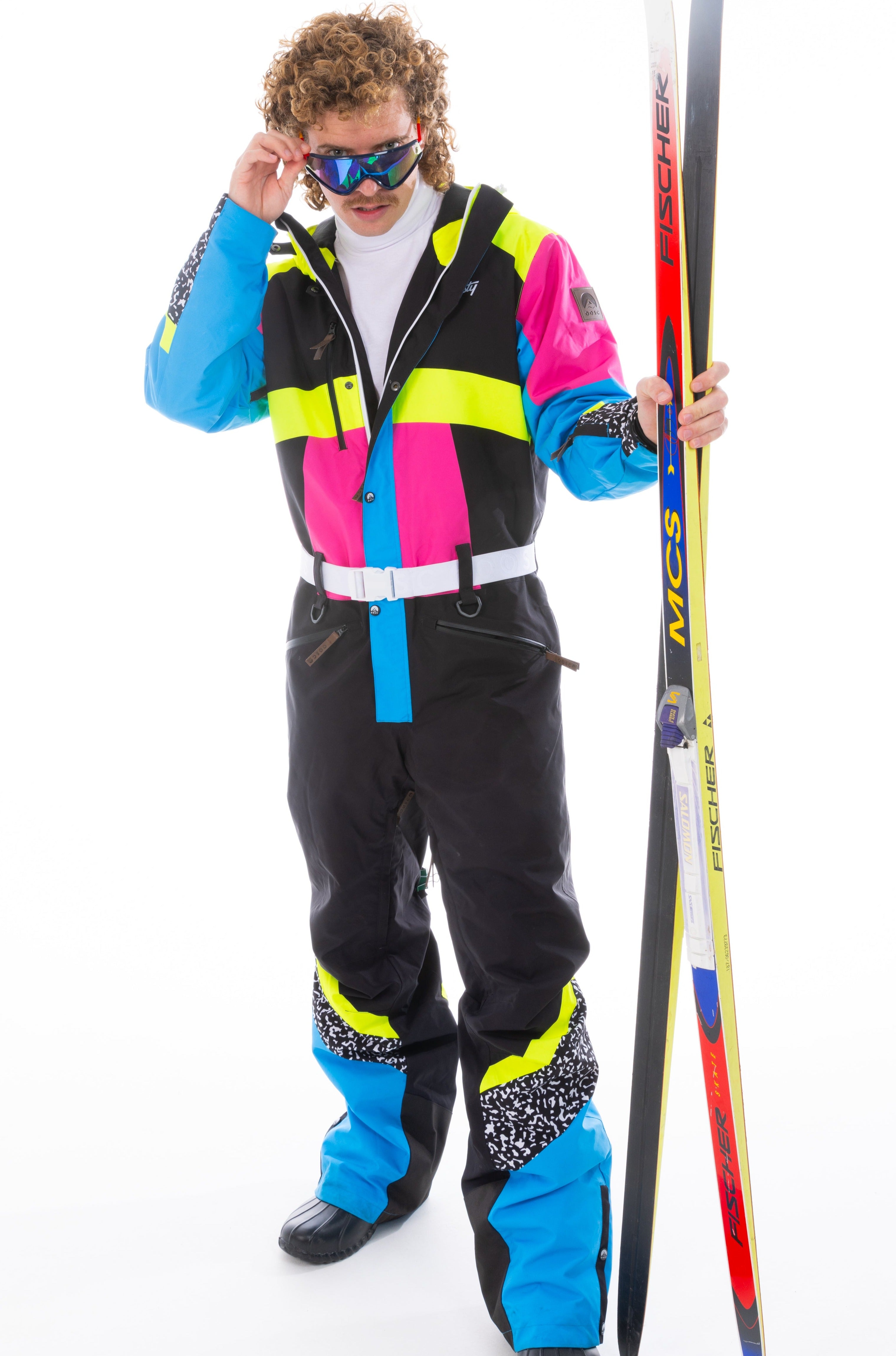 The Black Diamond | Men's Black and Pink Retro One Piece Ski Suit