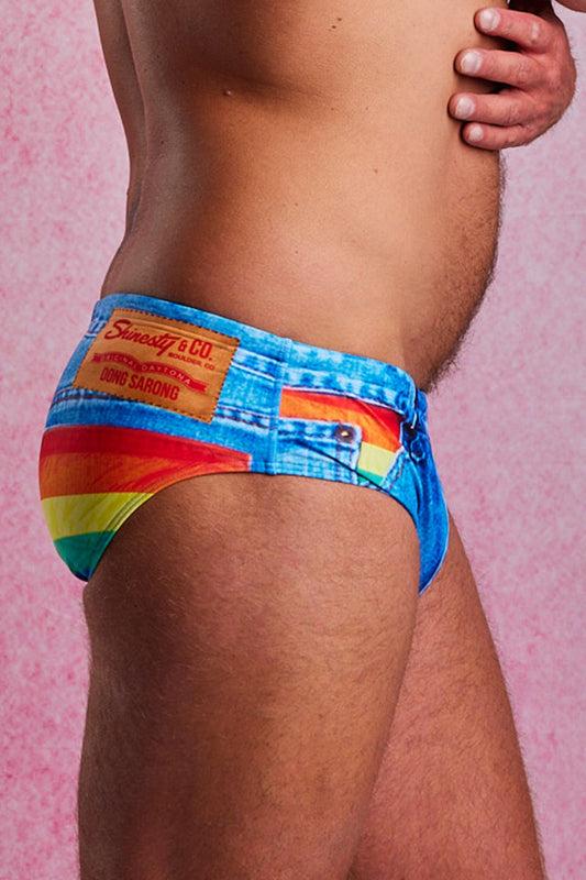 The Boca Raton Rainbow | Rainbow Denim Print Swim Brief - Shinesty