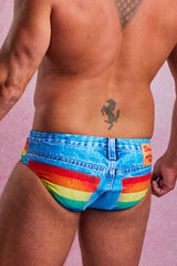 The Boca Raton Rainbow | Rainbow Denim Print Swim Brief - Shinesty