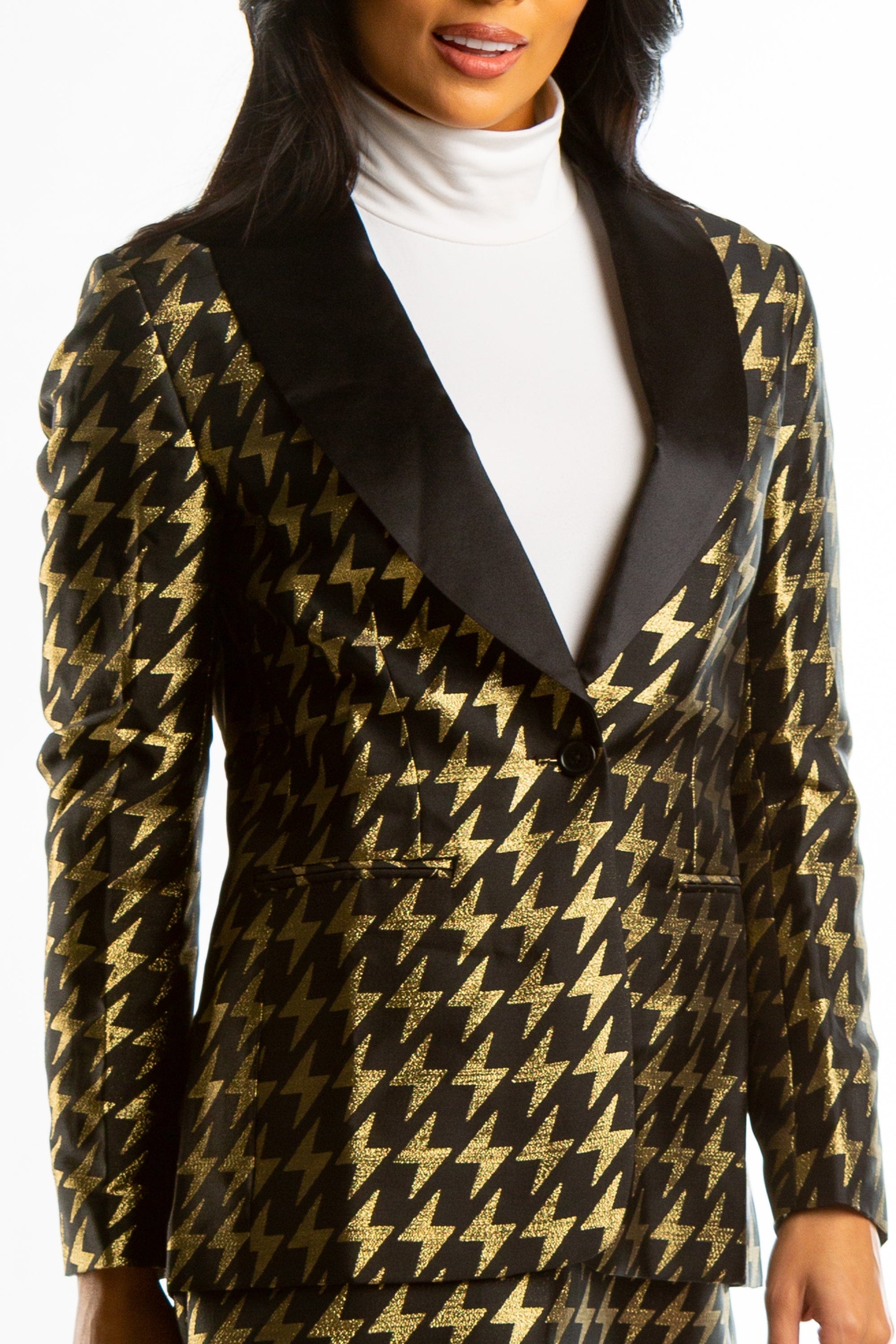 The Caviar and Cocktails | Gold Jacquard Black Label Womens Blazer - Shinesty