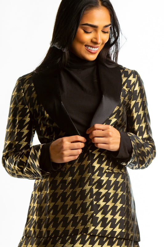 The Caviar and Cocktails | Gold Jacquard Black Label Womens Blazer - Shinesty