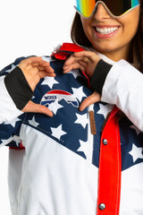 The First Chair | Retro American Flag Women's One Piece Ski Suit