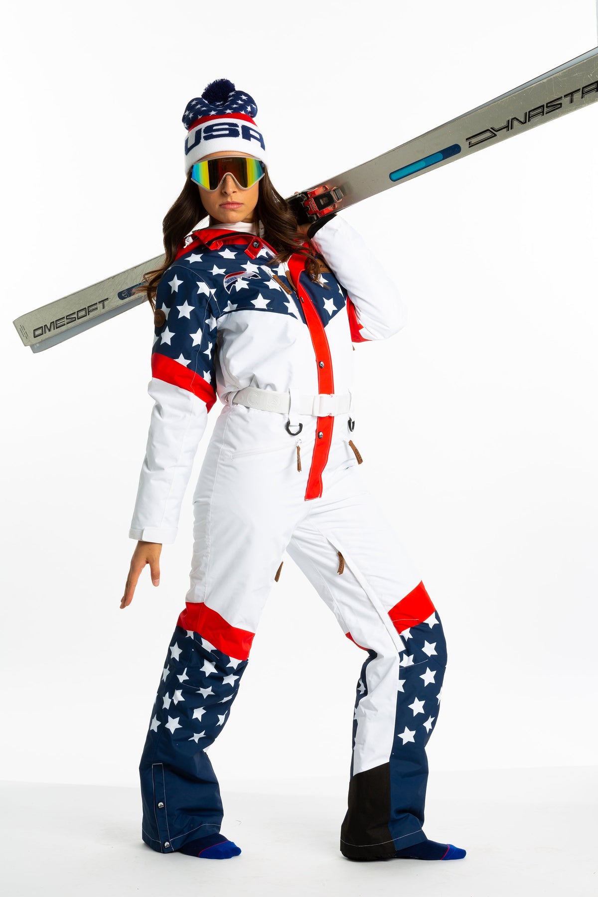 The First Chair | Retro American Flag Women's One Piece Ski Suit