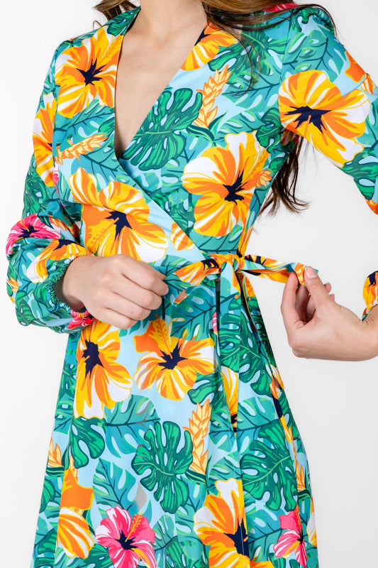 The Hibiscus Honeymoon | Floral Hawaiian Wrap Dress - Shinesty