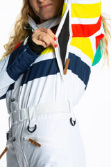 The Mogul Maniac | White Retro Striped Women's One Piece Ski Suit