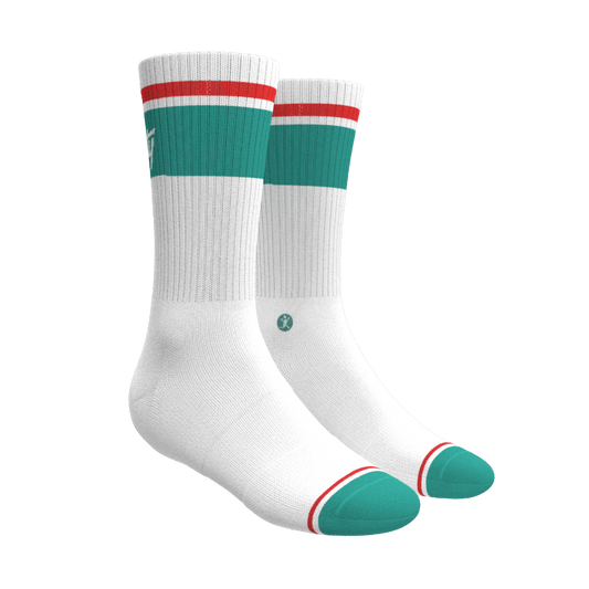 The Turks and Caicos | White and Teal Heel Hammock™ Crew Socks