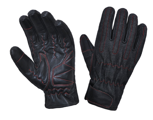 Unik Leather Mens Denim and Cowhide Full Finger Gloves with Kevlar 8168