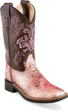 Old West Antique Pink foot Brown Crackle shaft Children All Over Leatherette Material Broad Square Toe Boots - Flyclothing LLC