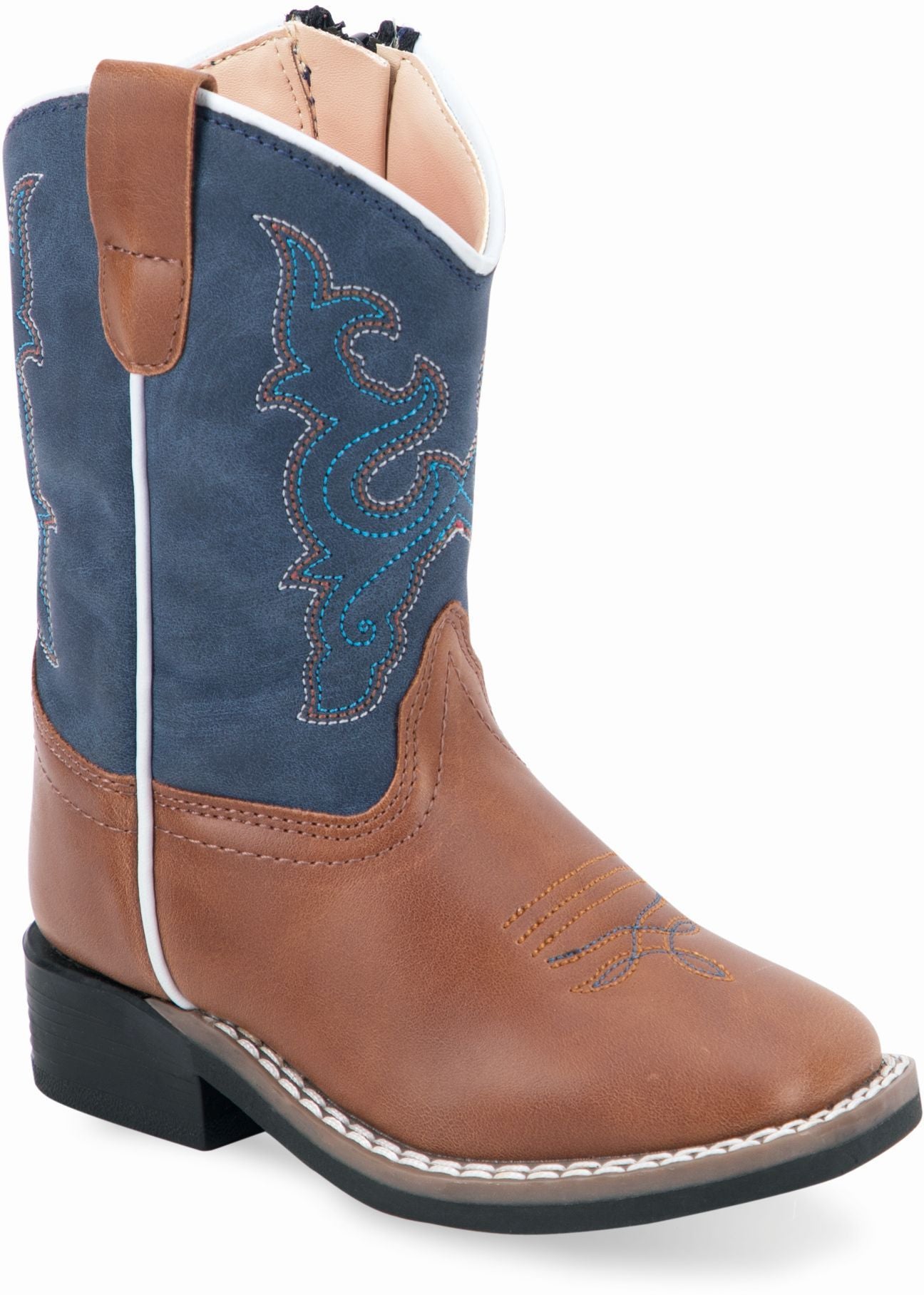 Old West Light Tan Foot Denim Blue Shaft Toddler's All Over Leatherette Material Broad Square Toe Boots