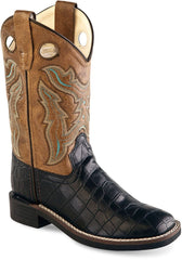 Old West Black Croco Foot Light Brown Crackle Shaft Children All Over Leatherette Material Broad Square Toe Boots - Old West