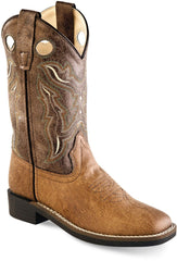 Old West Tan Vintage Foot Brown Crackle Shaft Children All Over Leatherette Material Broad Square Toe Boots - Old West