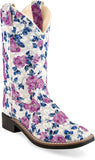 Old West Flower Print Children All Over Leatherette Material Broad Square Toe Boots