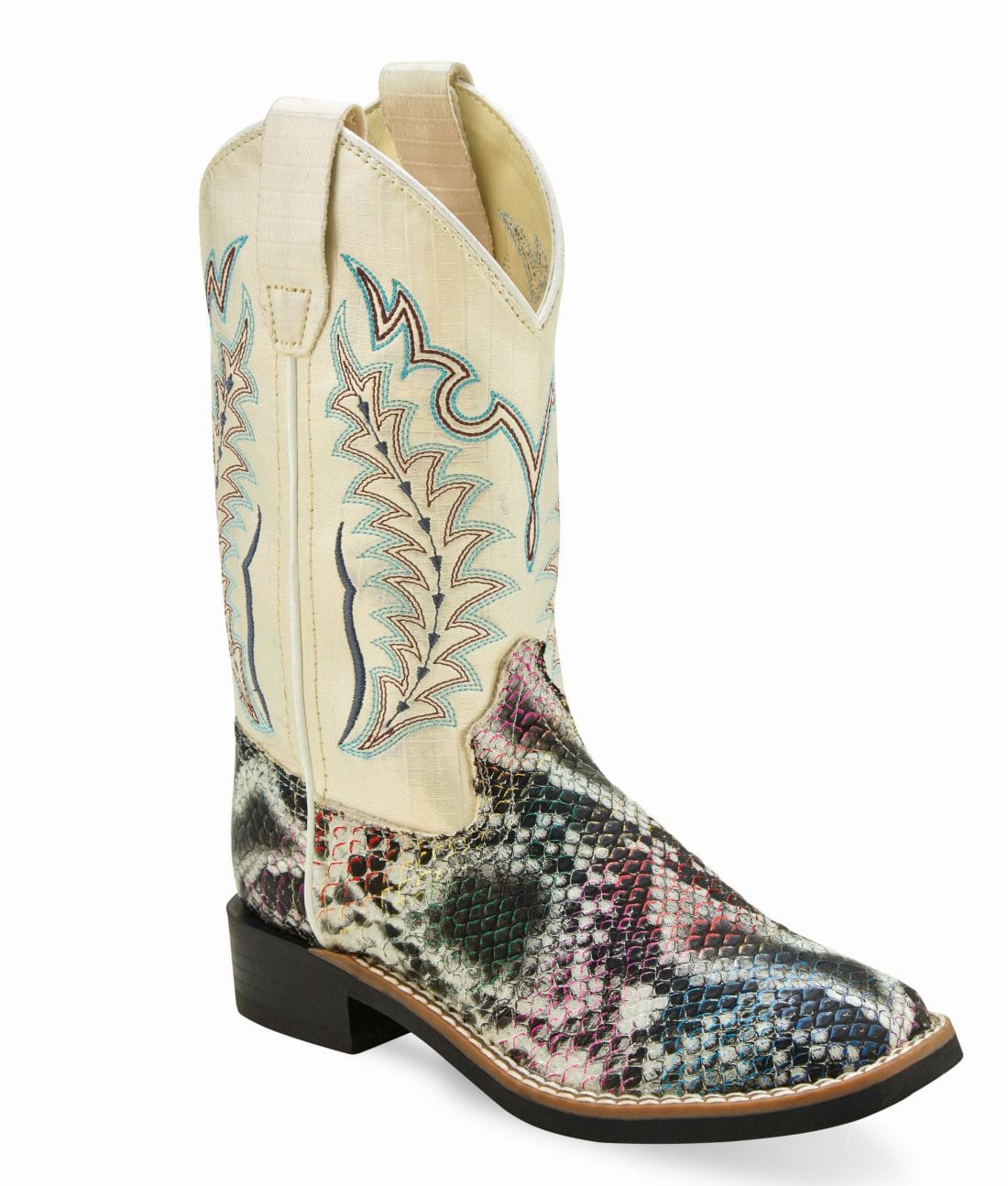 Old West Childrens Multicolored Snake Print Foot / Shiny Cream Shaft Boot VB9177 - Old West