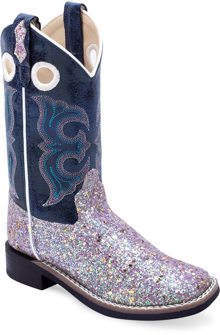 Old West Sparkling Purple Foot Blue Crackle Shaft CHILDREN ALL OVER LEATHERETTE MATERIAL BROAD SQUARE TOE BOOTS