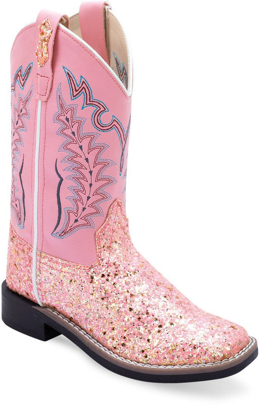 Old West Sparkling Pink Foot Pink Shaft CHILDREN ALL OVER LEATHERETTE MATERIAL BROAD SQUARE TOE BOOTS - Old West