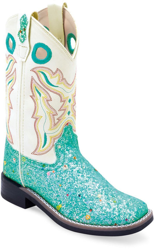 Old West Sparkling Lake Blue Foot White Shaft CHILDREN ALL OVER LEATHERETTE MATERIAL BROAD SQUARE TOE BOOTS - Old West