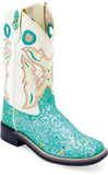 Old West Sparkling Lake Blue Foot White Shaft CHILDREN ALL OVER LEATHERETTE MATERIAL BROAD SQUARE TOE BOOTS