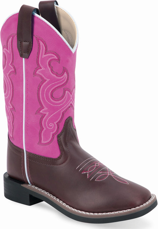 Old West Burnt Brown Foot Pink Shaft Children All Over Leatherette Material Broad Square Toe Boots - Old West