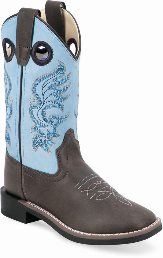 Old West Dark Brown Crazy Horse Foot Sky Blue Shaft Children All Over Leatherette Material Broad Square Toe Boots - Old West