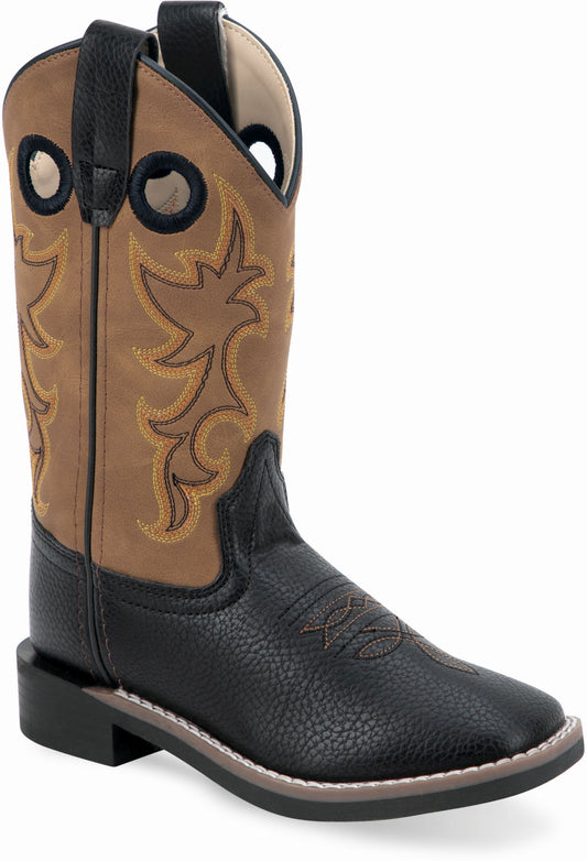 Old West Black Tumble Foot Light Brown Shaft Children All Over Leatherette Material Broad Square Toe Boots - Old West