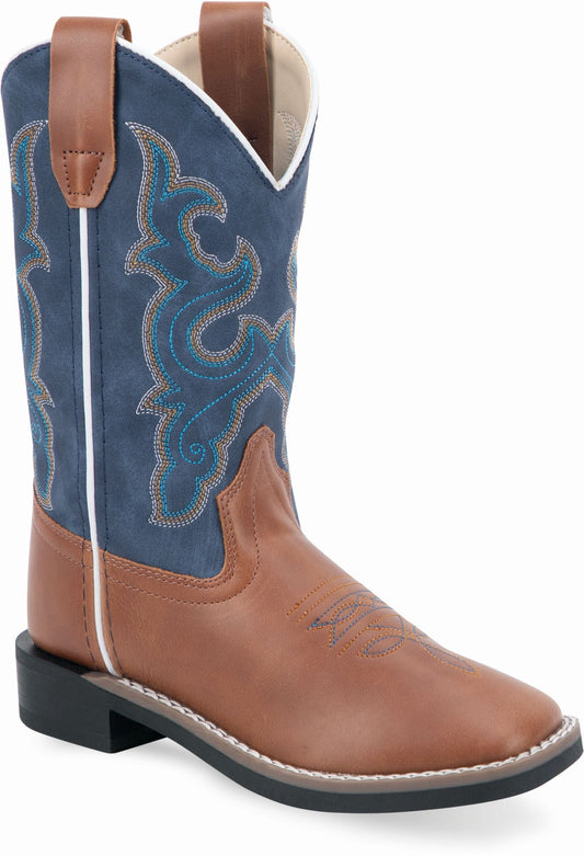 Old West Light Tan Foot Denim Blue Shaft Children All Over Leatherette Material Broad Square Toe Boots - Old West