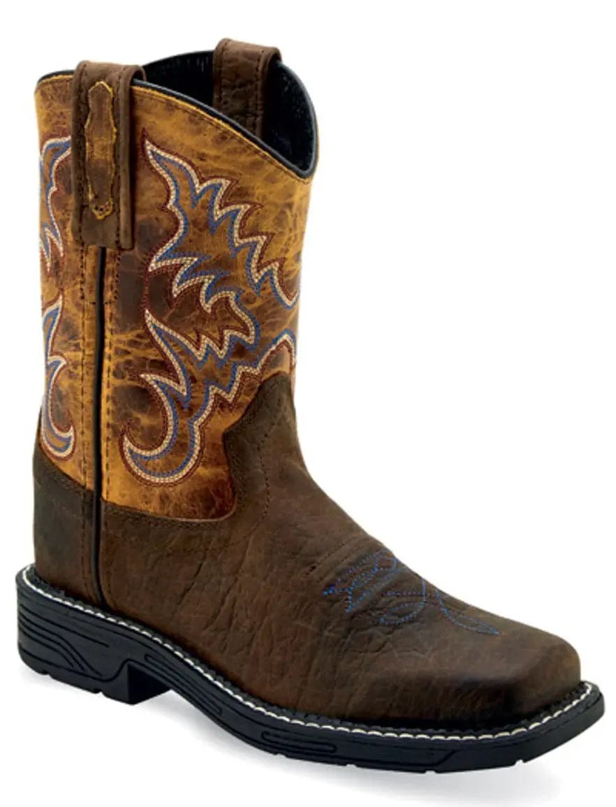 Old West Dark Brown Bull Hide Print Foot Burnt Brown Shaft Youth's Square Toe Boots - Old West