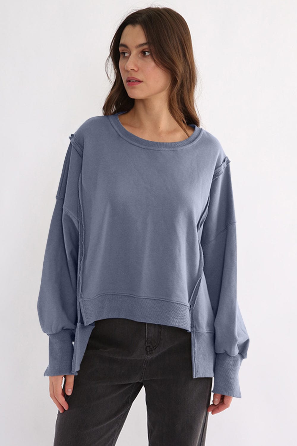 Exposed Seam High-Low Long Sleeve Sweatshirt - Trendsi