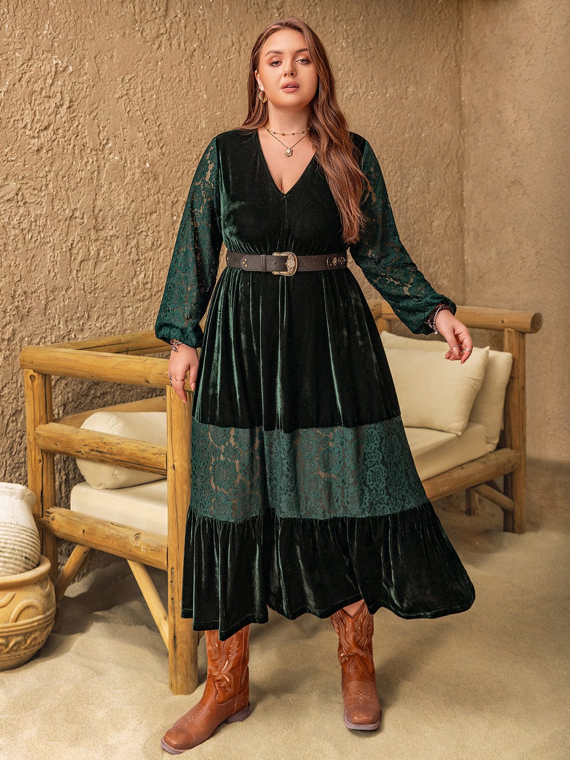 Plus Size Lace Patchwork V-Neck Balloon Sleeve Midi Dress - Trendsi