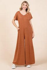 BOMBOM Ribbed Short Sleeve Wide Leg Jumpsuit - Trendsi