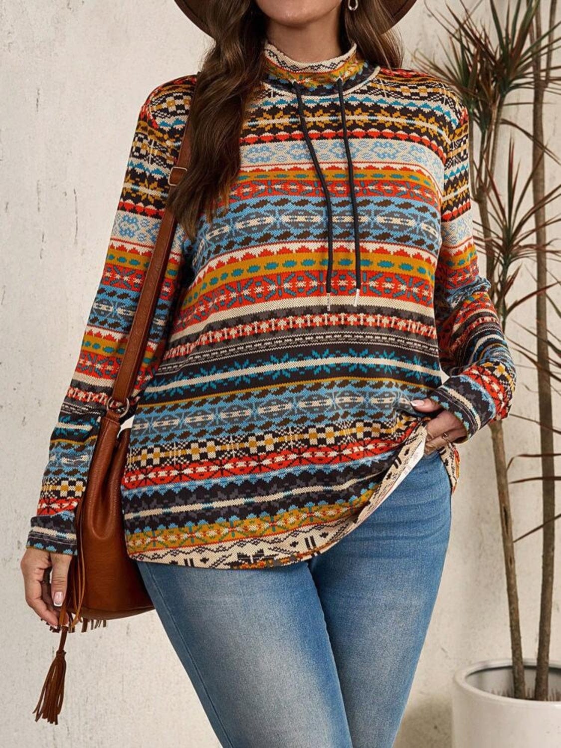 Plus Size Drawstring Printed Mock Neck Long Sleeve Top - Trendsi