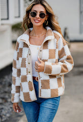 Checkered Snap Down Long Sleeve Teddy Jacket