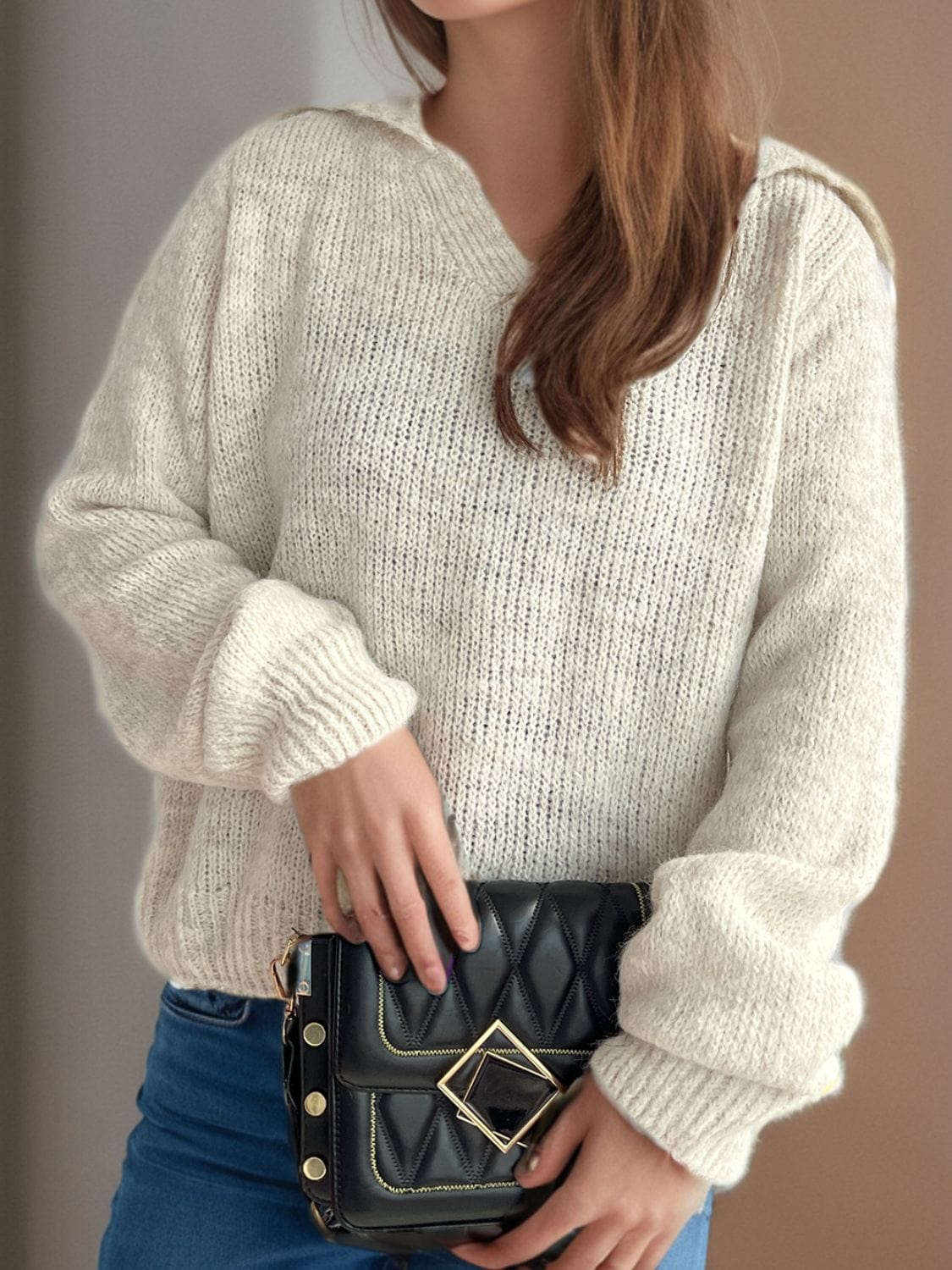 Collared Neck Long Sleeve Sweater - Trendsi