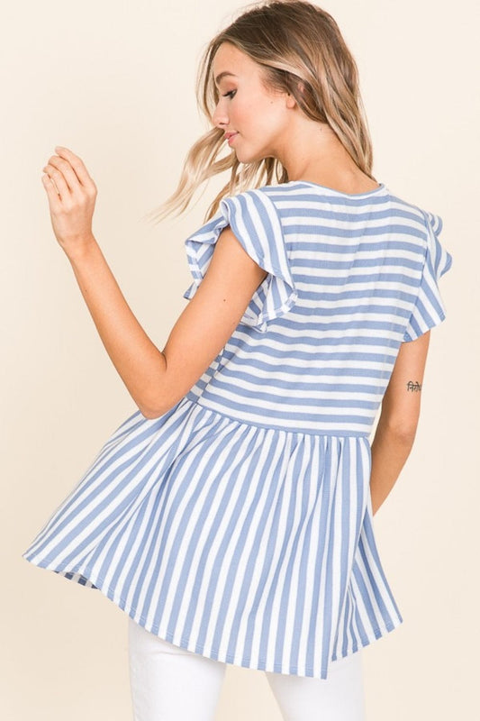 BOMBOM Striped Round Neck Blouse - Trendsi