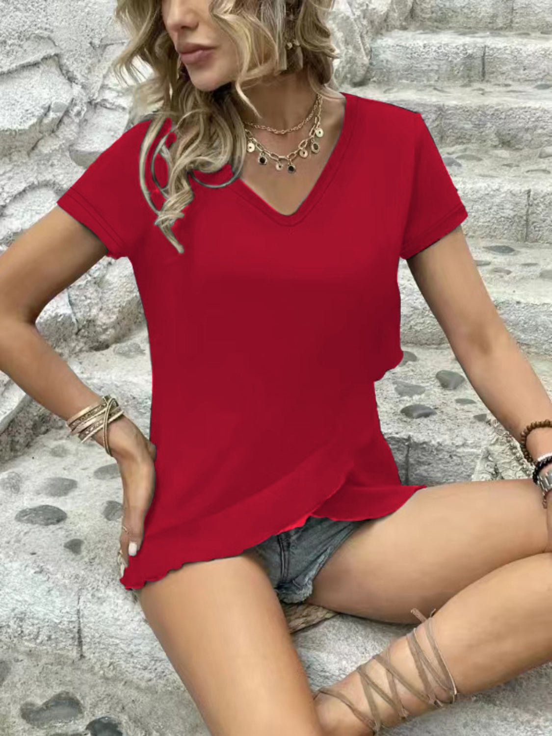 V-Neck Short Sleeve Blouse - Flyclothing LLC