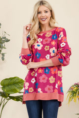 Celeste Full Size Side Slit Flower Print Long Sleeve Top - Trendsi